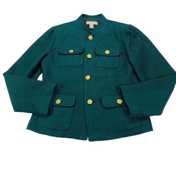 Chicos Tweed Jacket Women's Size 0 Green Long Sleeve Lined Gold Button Front - Picture 14 of 16